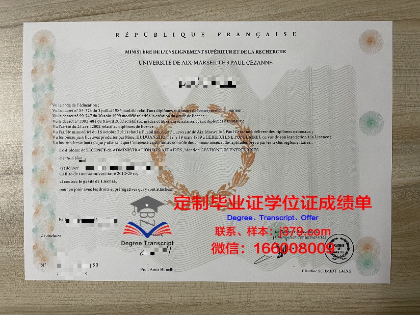 马赛第三大学艾克斯校区毕业证书样貌