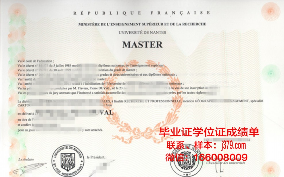 南特大学学位证书图片完整版展示
